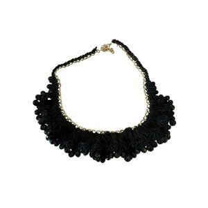 Black & Gold Necklace Statement Fringe & Beads Ruffle 18" Chunky Bib Boho